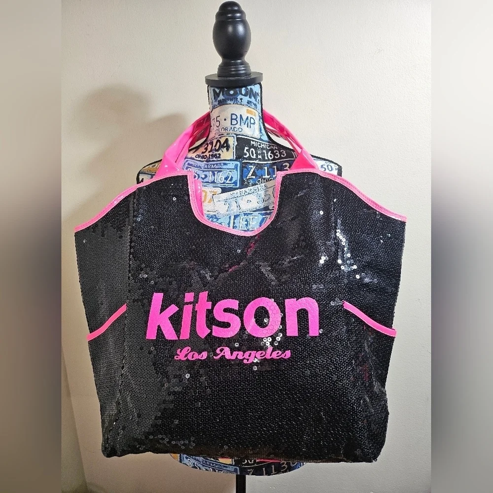 Y2K Kitson Los Angeles Black and Pink Patent Sequin Tote Shoulder Bag